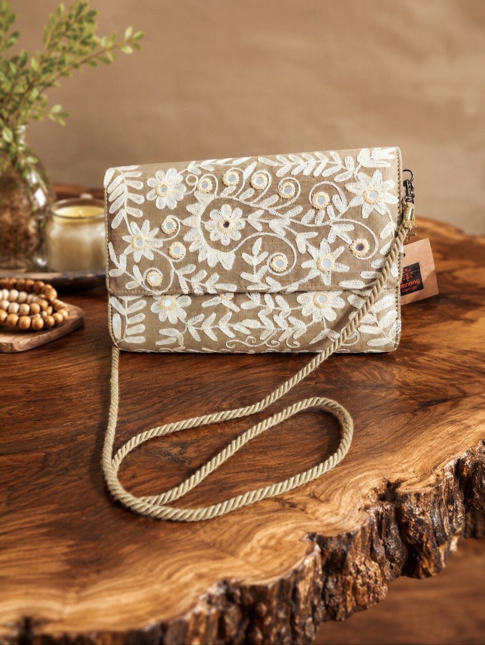 Aarong Hand Embroidered Mirror Work Boho Clutch Bag NWT